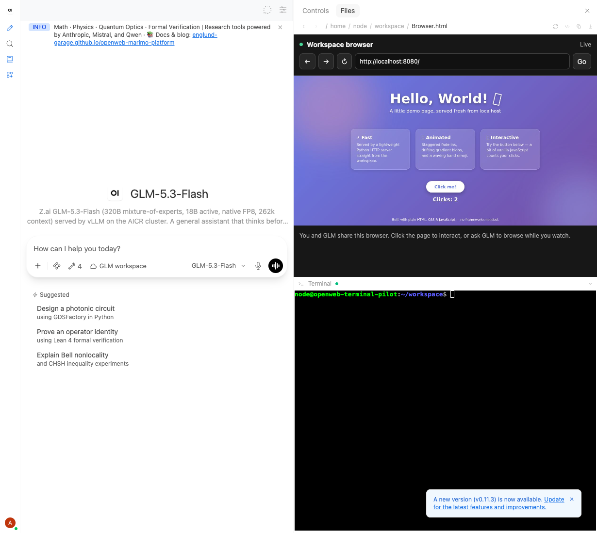 Live Chromium pane in Open WebUI's Files preview